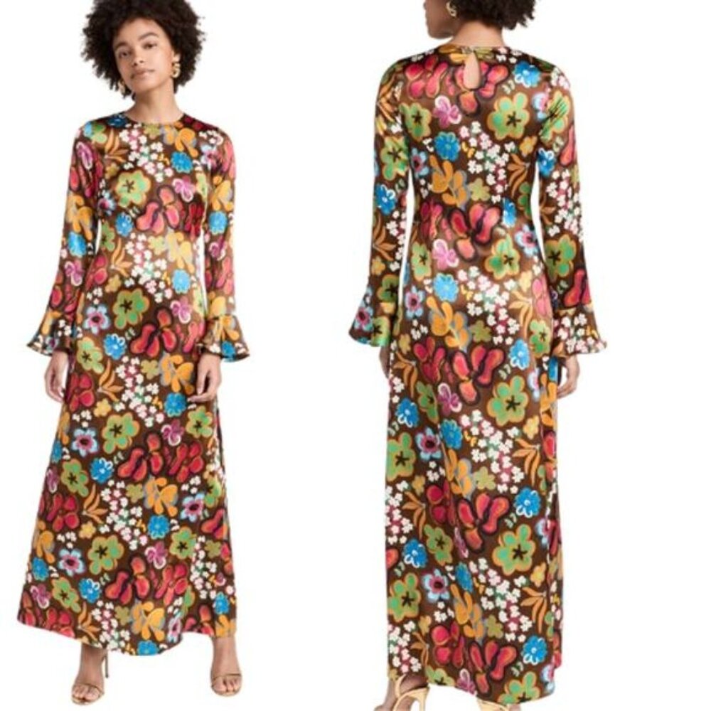 NWT Lingua Franca Anja Floral Print Long Sleeve Maxi Dress Brown Size: Large